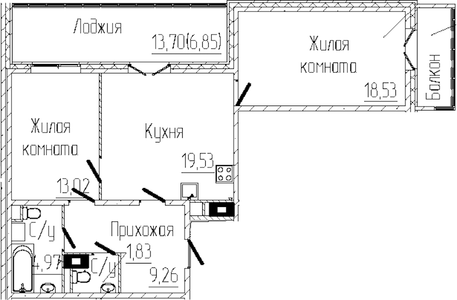 2-комнатная квартира 75.15 м², 5/8 эт., ЖК «SERTOLOVO PARK»